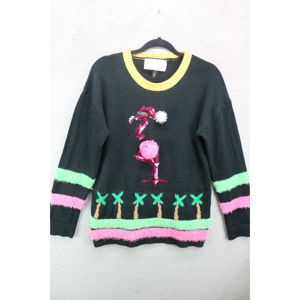 With Love, Derek Pink Flamingo Sweater-Large-Whimsical-Sequins-Pom Poms-Fun